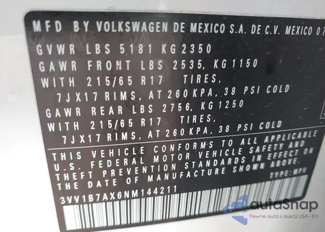 2022 Volkswagen Tiguan 2.0T S from USA, damaged, VIN 3VV1B7AX6NM144211
